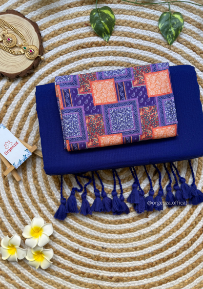 Blue Colour Cotton Saree With Square Design Print Blouse