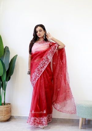 Red Colour Embroidery Thread Work Saree - Orgenza Store