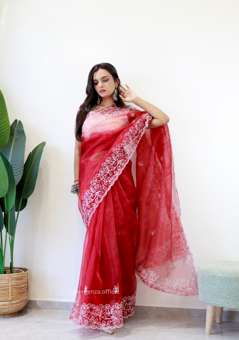 Red Colour Embroidery Thread Work Saree