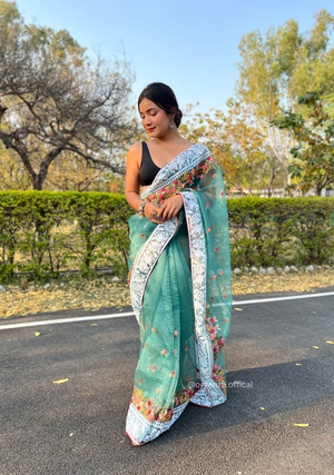 Teal Organza Saree With Chikankari Work - Orgenza Store - digisoch