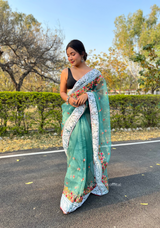 Teal Organza Saree With Chikankari Work