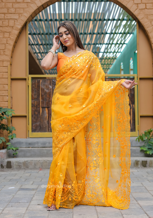 Yellow Soft Organza Saree With Sequence Work - Orgenza Store