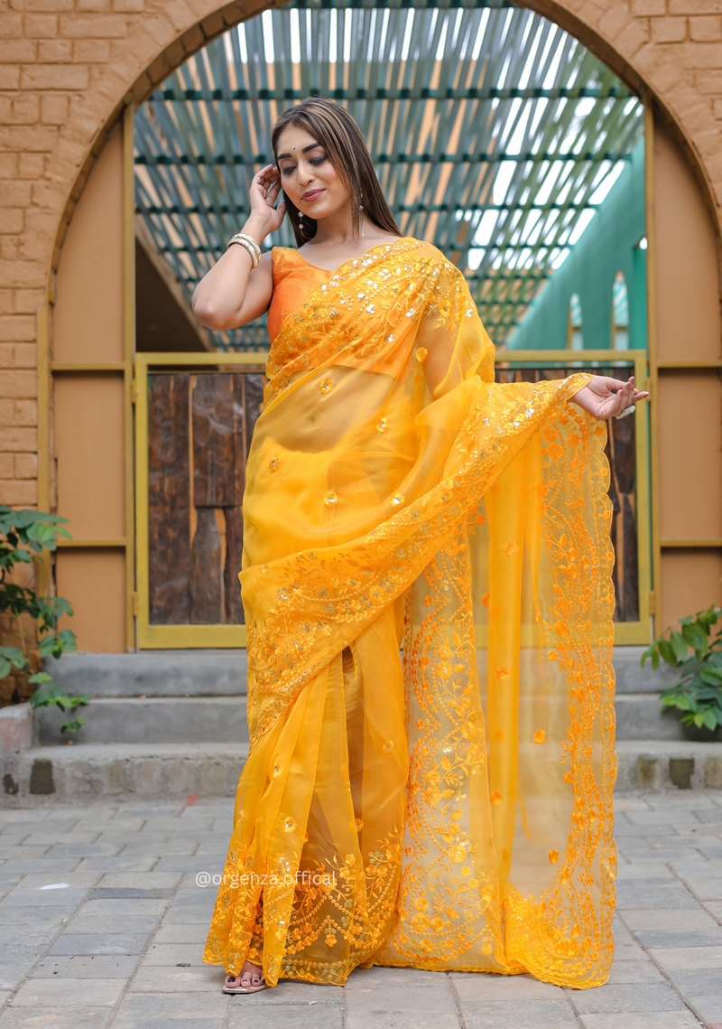 Yellow Soft Organza Saree With Sequence Work