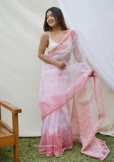 Peach Organza Saree With Viscous Thread Work