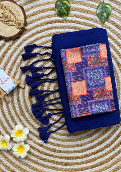 Blue Colour Cotton Saree With Square Design Print Blouse