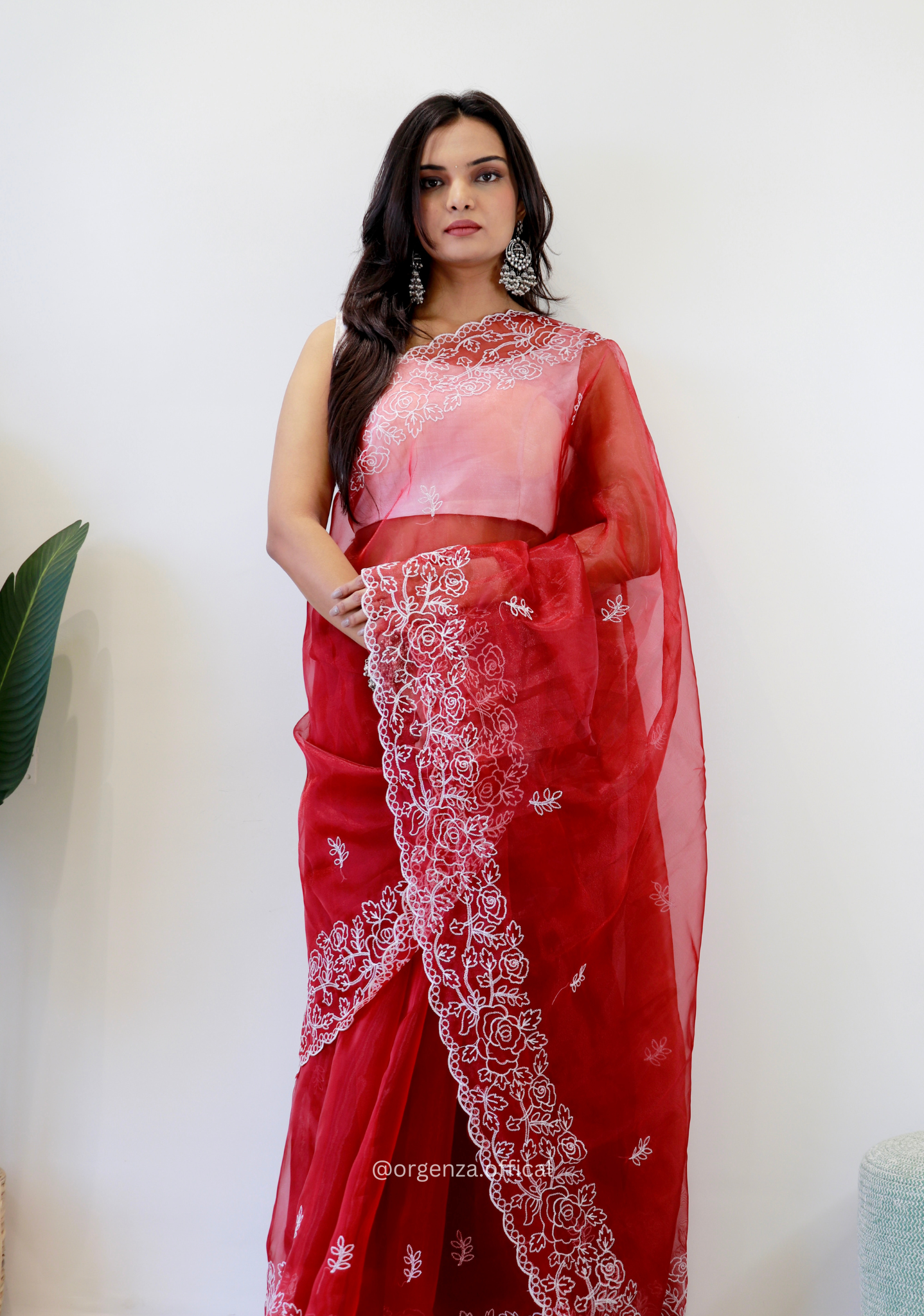 Red Colour Embroidery Thread Work Saree - Orgenza Store