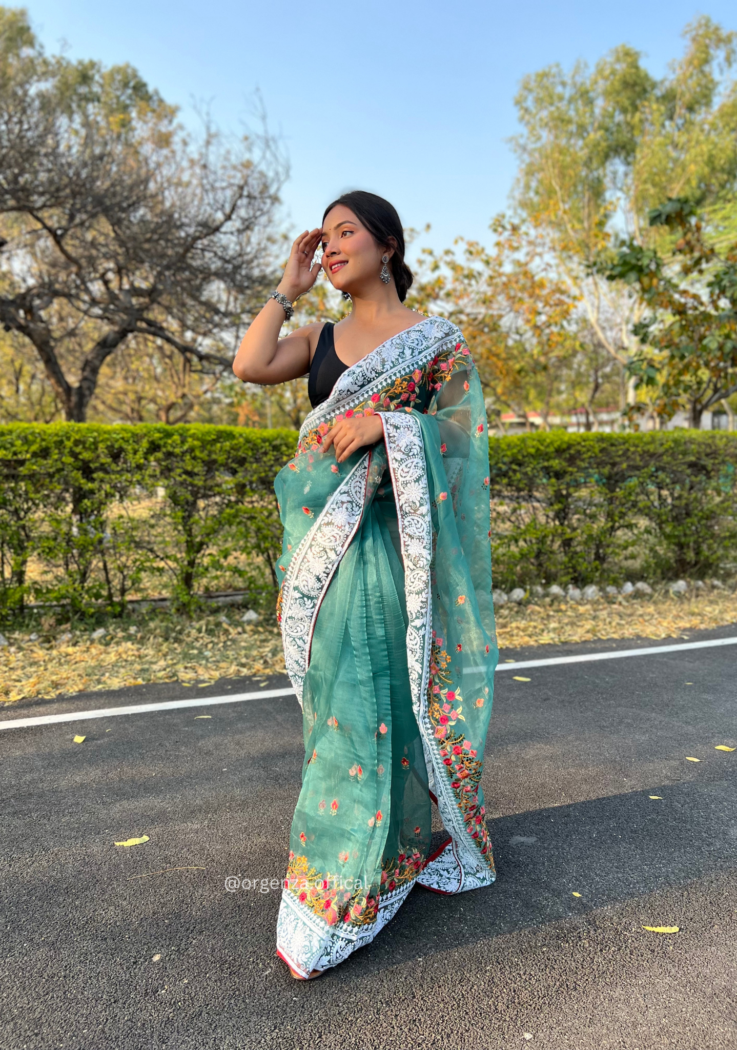 Teal Organza Saree With Chikankari Work - Orgenza Store - digisoch