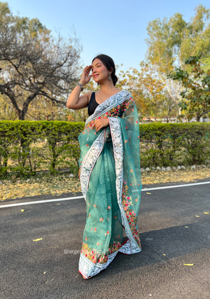 Teal Organza Saree With Chikankari Work - Orgenza Store - digisoch