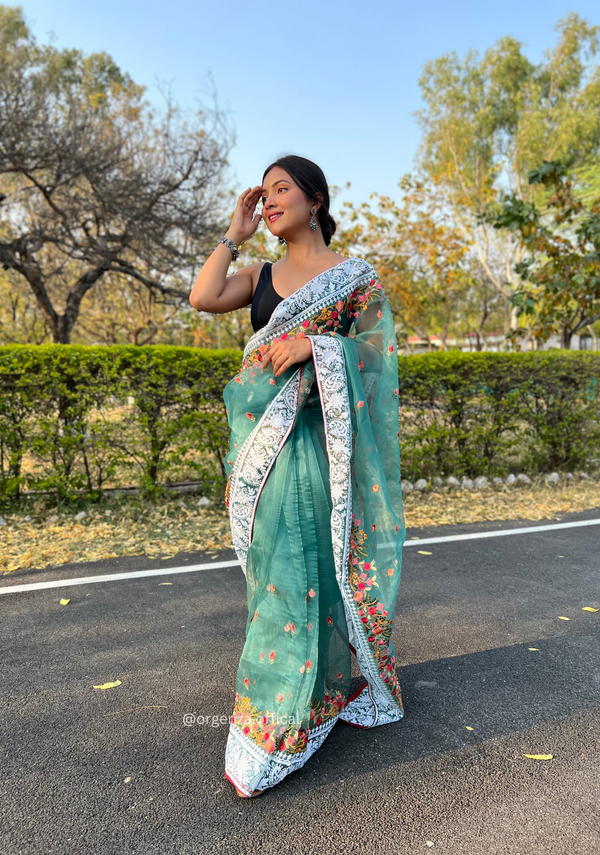 Teal Organza Saree With Chikankari Work