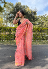 Peach Colour Organza Silk Saree With Thread Work