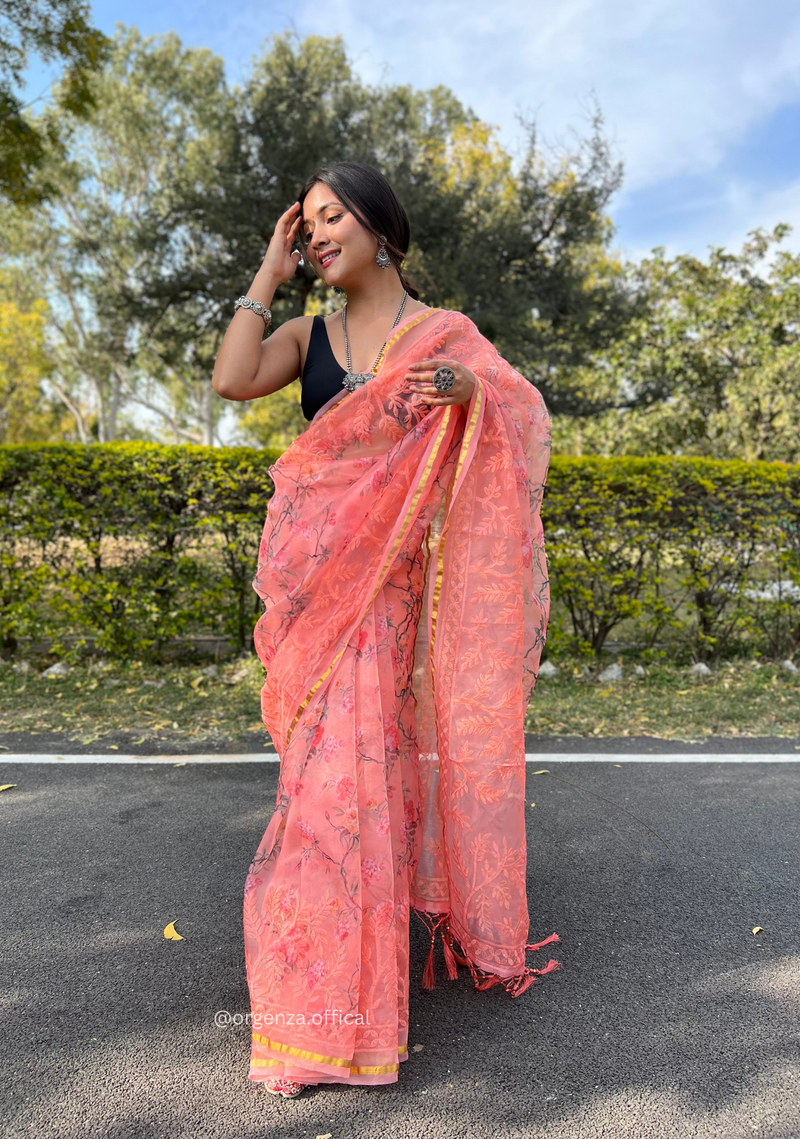 Peach Colour Organza Silk Saree With Thread Work