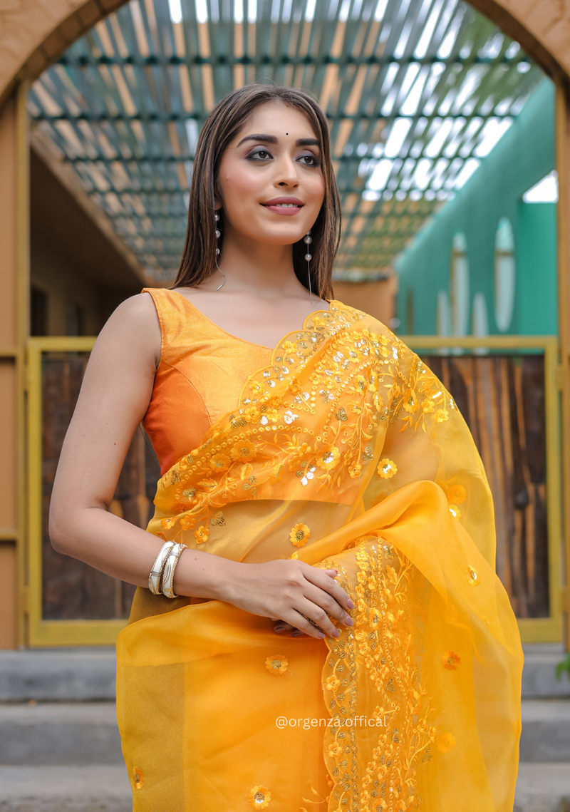 Yellow Soft Organza Saree With Sequence Work