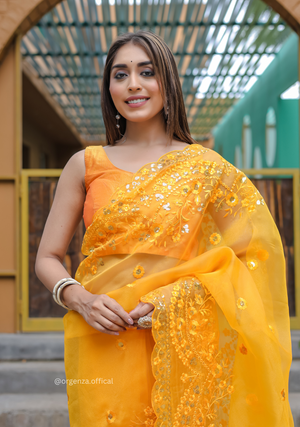 Yellow Soft Organza Saree With Sequence Work - Orgenza Store