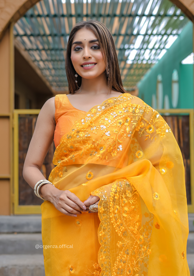 Yellow Soft Organza Saree With Sequence Work