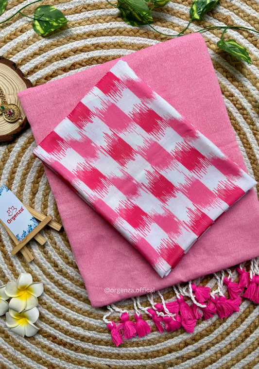 Baby Pink Colour Cotton Saree With Chex Print Blouse