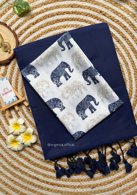Navy Blue Colour Cotton Saree With Elephant Print Blouse