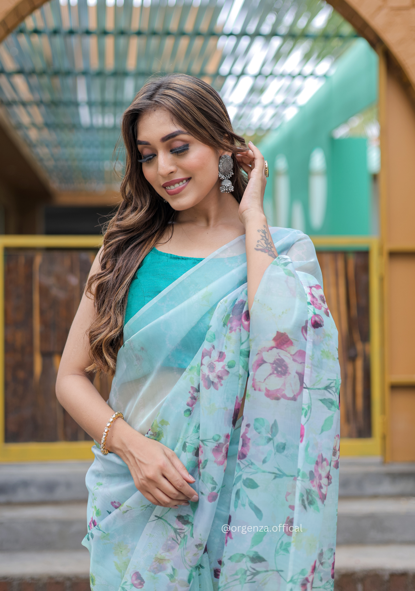 Multi Sky Colour Flower Digital Print Saree - Orgenza Store