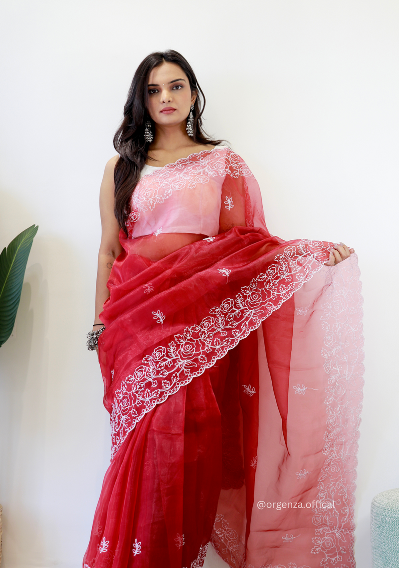 Red Colour Embroidery Thread Work Saree