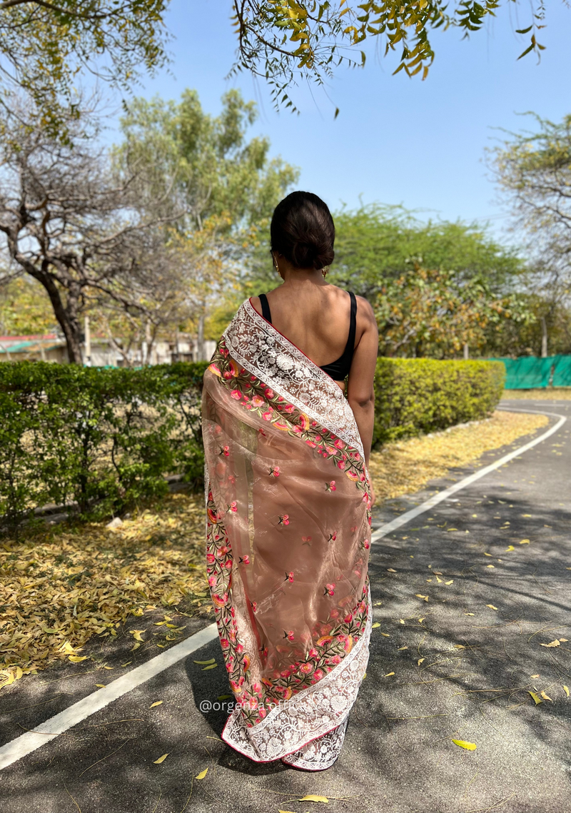 Brown Organza Saree With Chikankari Work