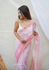 Peach Organza Saree With Viscous Thread Work