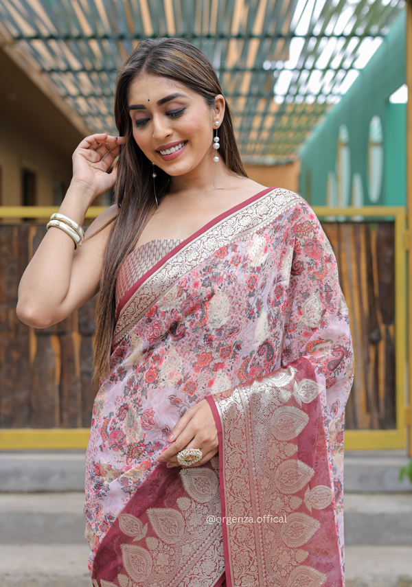 Peach Georgette Saree With Viscose Border