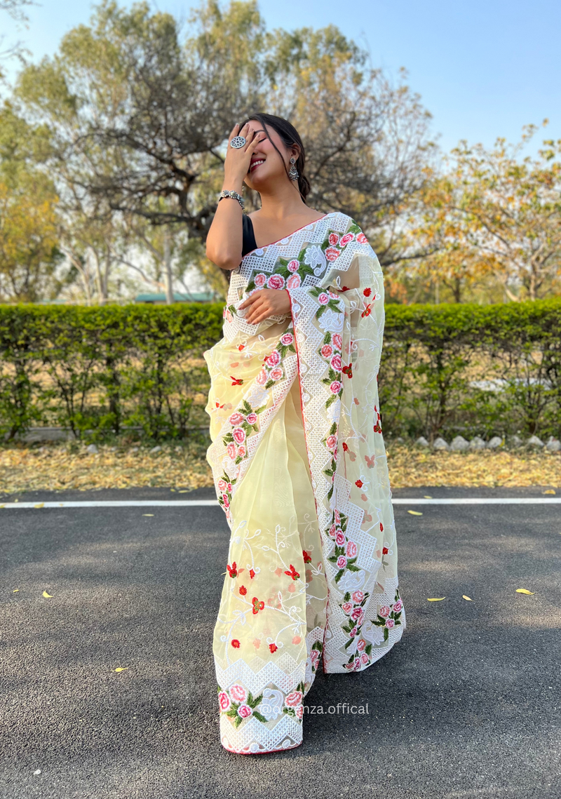 Yellow Colour Organza Saree With Kashmiri Thread Work