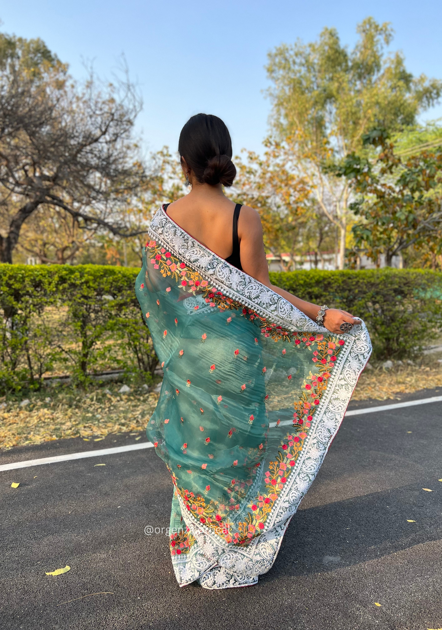 Teal Organza Saree With Chikankari Work - Orgenza Store - digisoch