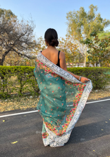 Teal Organza Saree With Chikankari Work