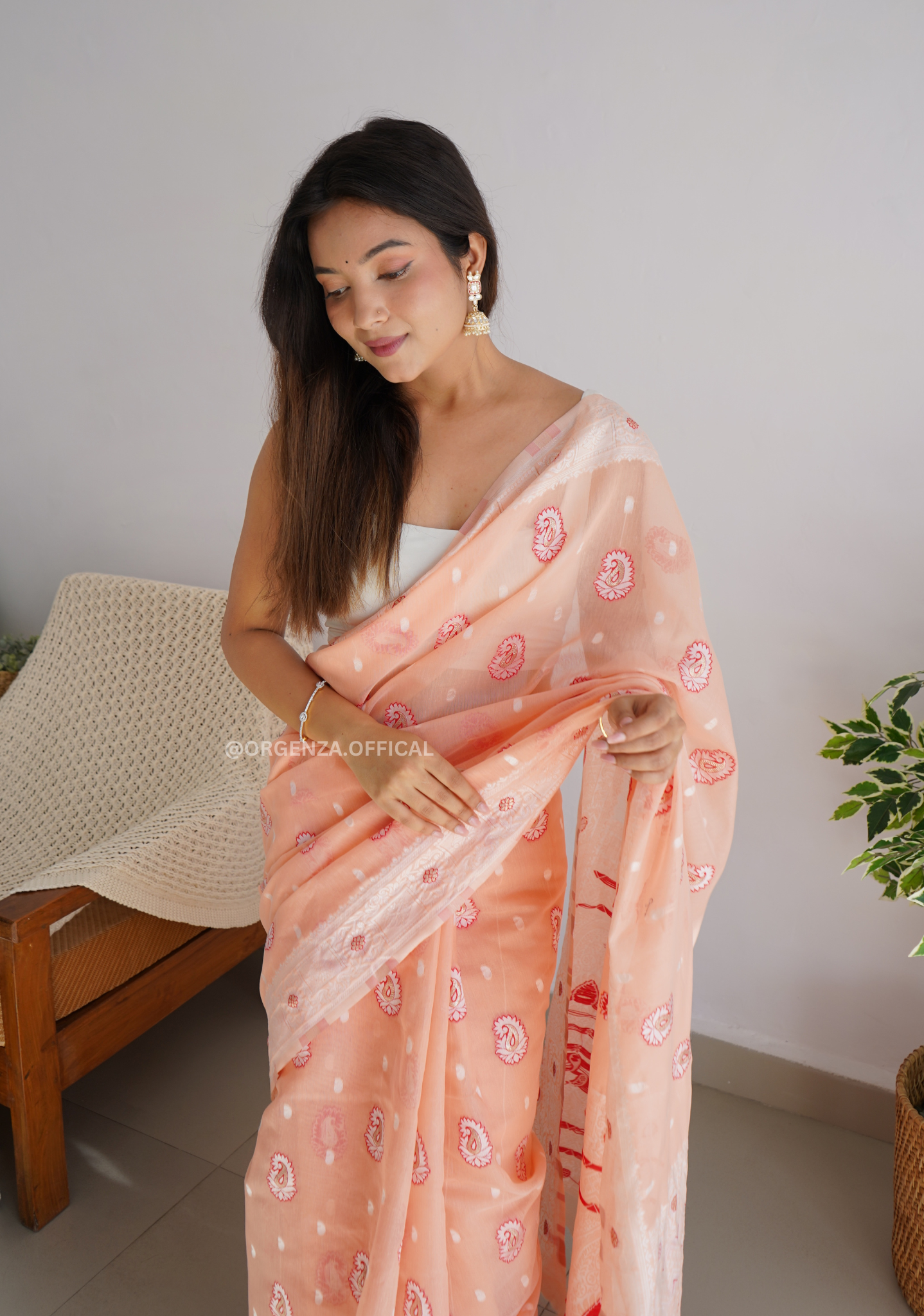 Peach Colour Linen Silk Saree - Orgenza Store