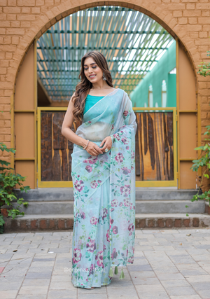Multi Sky Colour Flower Digital Print Saree - Orgenza Store