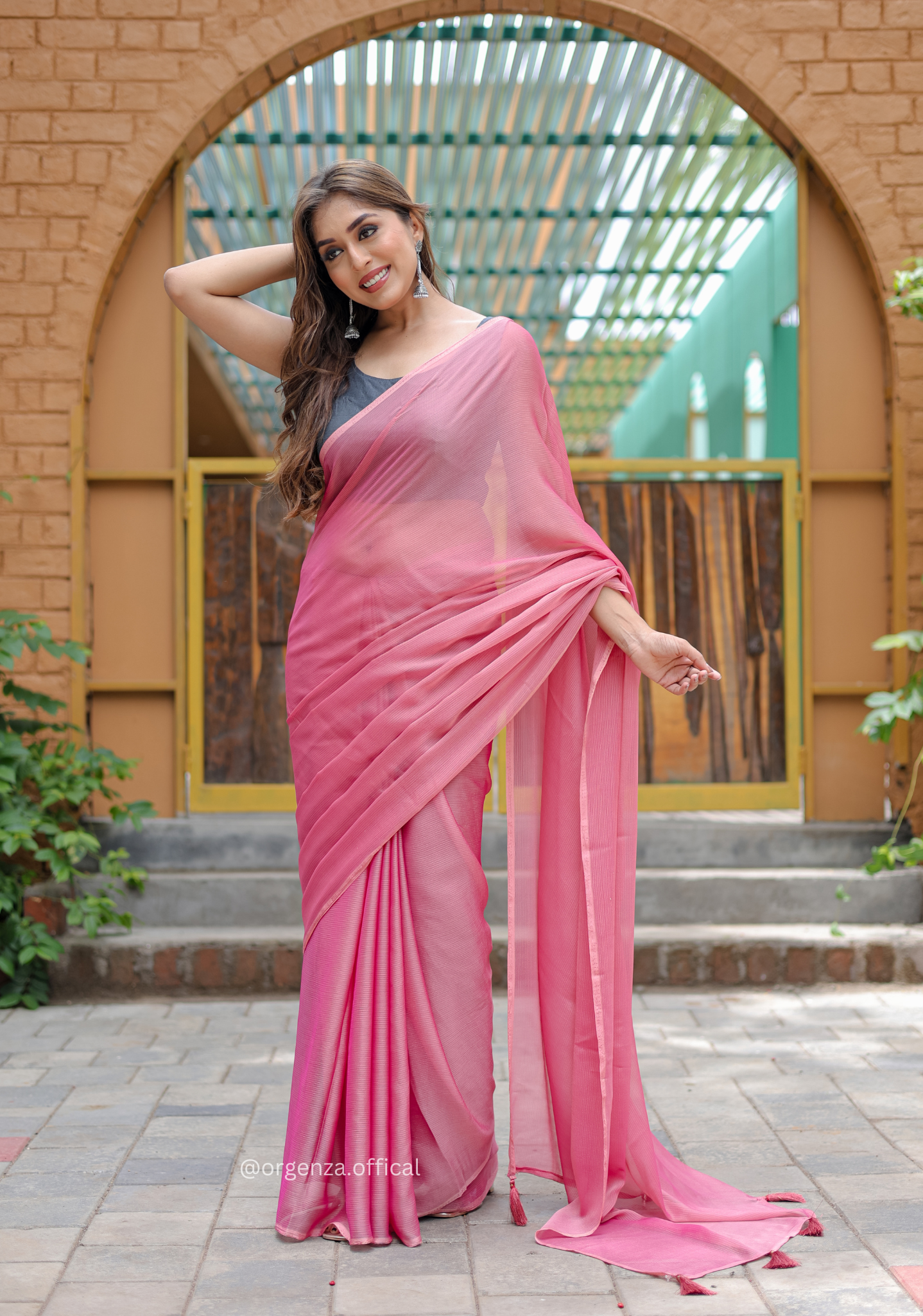 Plain Peach Colour Lining Sitara Georgette Saree - Orgenza Store