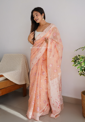 Peach Colour Linen Silk Saree - Orgenza Store