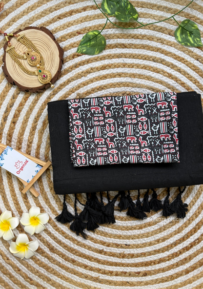 Black Colour Cotton Saree With Multi Print Blouse