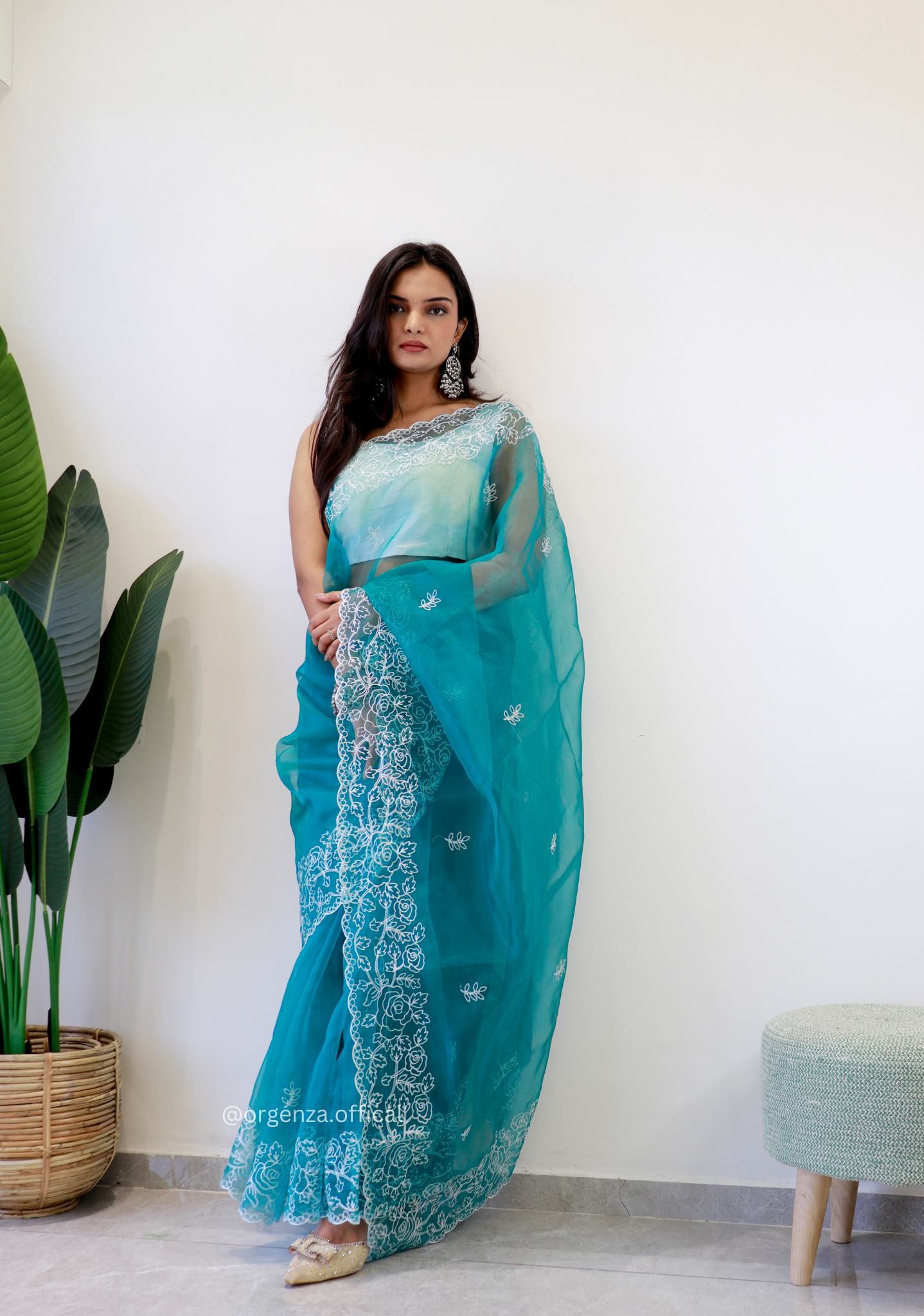 Sky Colour Embroidery Thread Work Saree - Orgenza Store