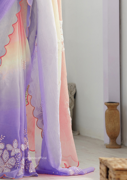Peach Lavender Gold Crush Silk Saree