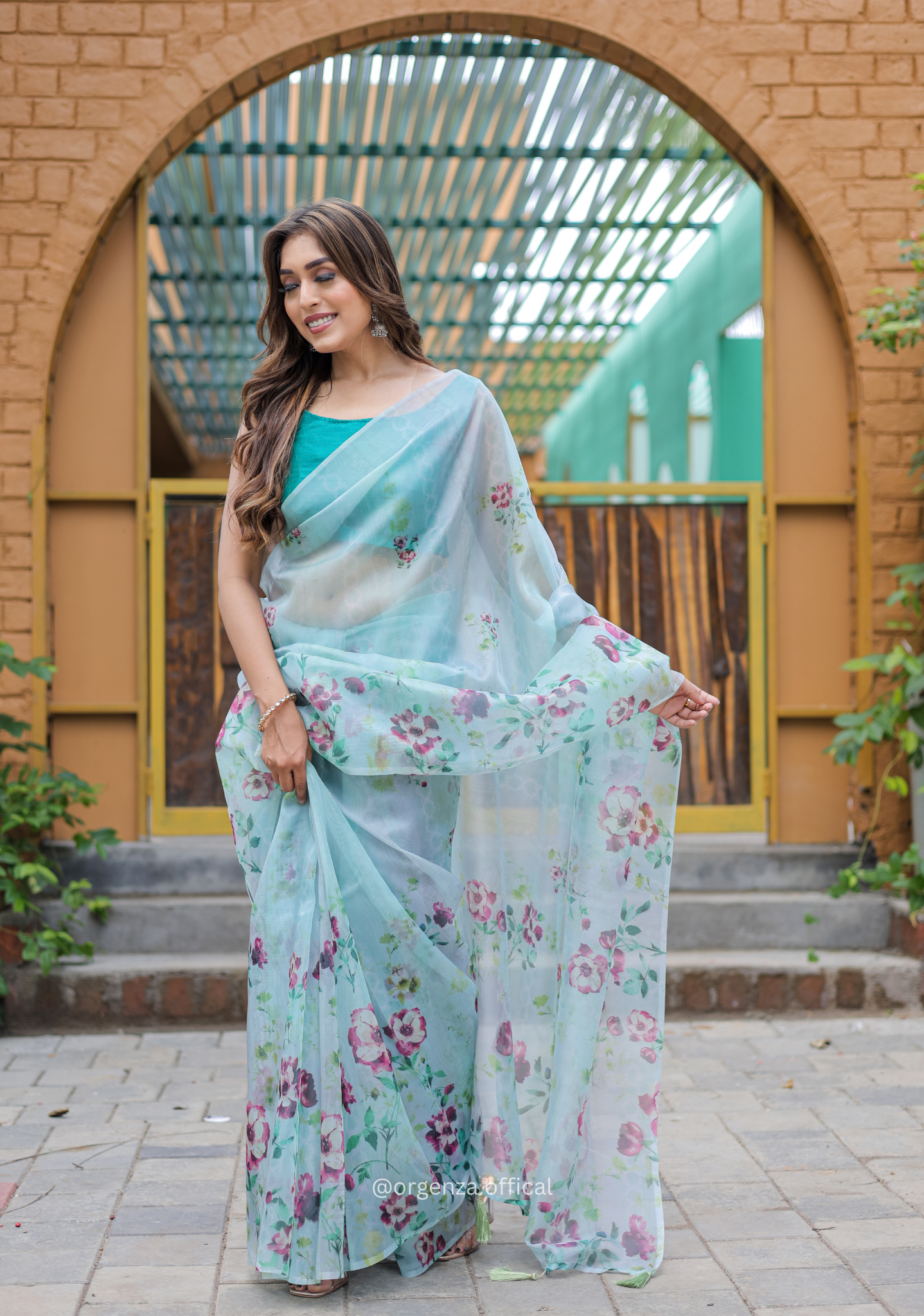 Multi Sky Colour Flower Digital Print Saree - Orgenza Store