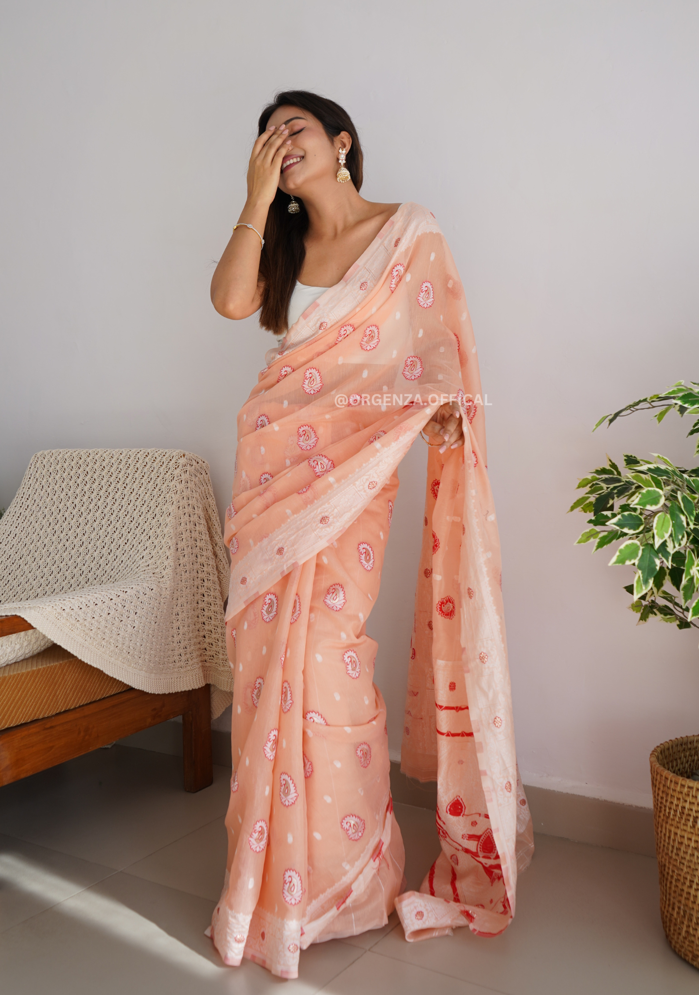 Peach Colour Linen Silk Saree - Orgenza Store
