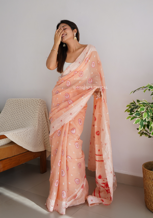 Peach Colour Linen Silk Saree - Orgenza Store