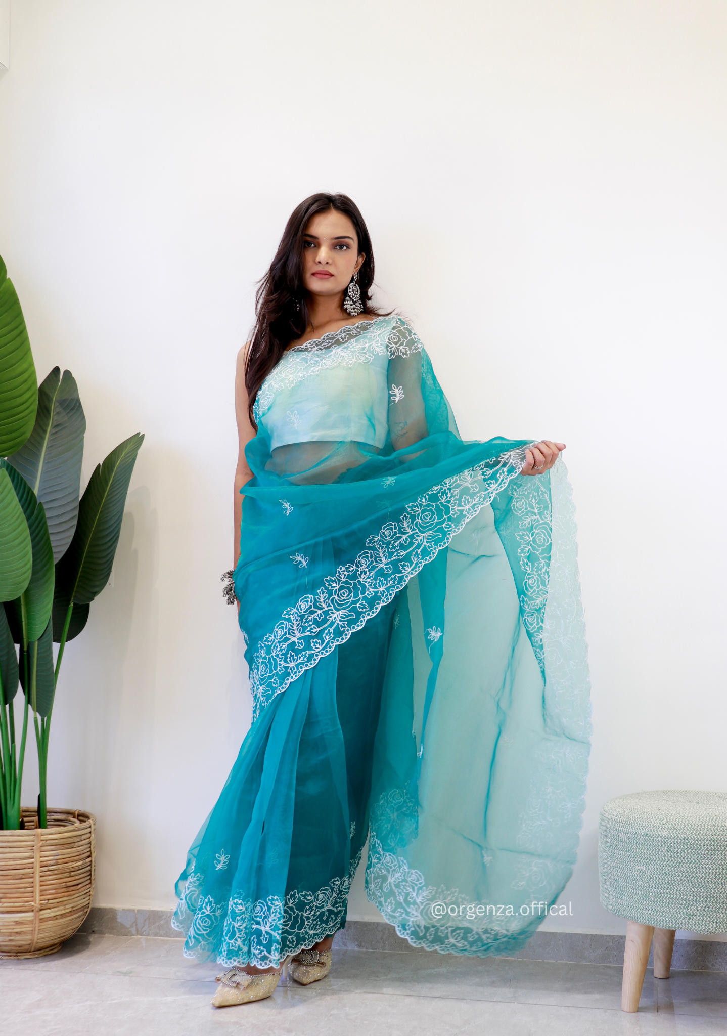 Sky Colour Embroidery Thread Work Saree - Orgenza Store