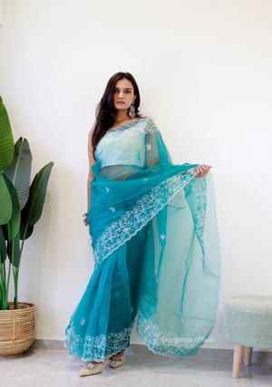 Sky Colour Embroidery Thread Work Saree - Orgenza Store