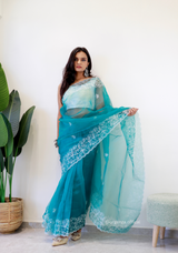 Sky Colour Embroidery Thread Work Saree