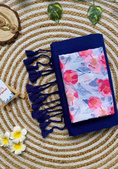 Blue Colour Cotton Saree With Baby Pink Flower Print Blouse