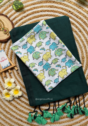 Rama Green Colour Cotton Saree With Little Elephant Print Blouse - Orgenza Store - digisoch