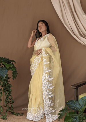 Organza Light Yellow Color Pure Organza Silk And Flower Embroidery Work - Orgenza Store - digisoch