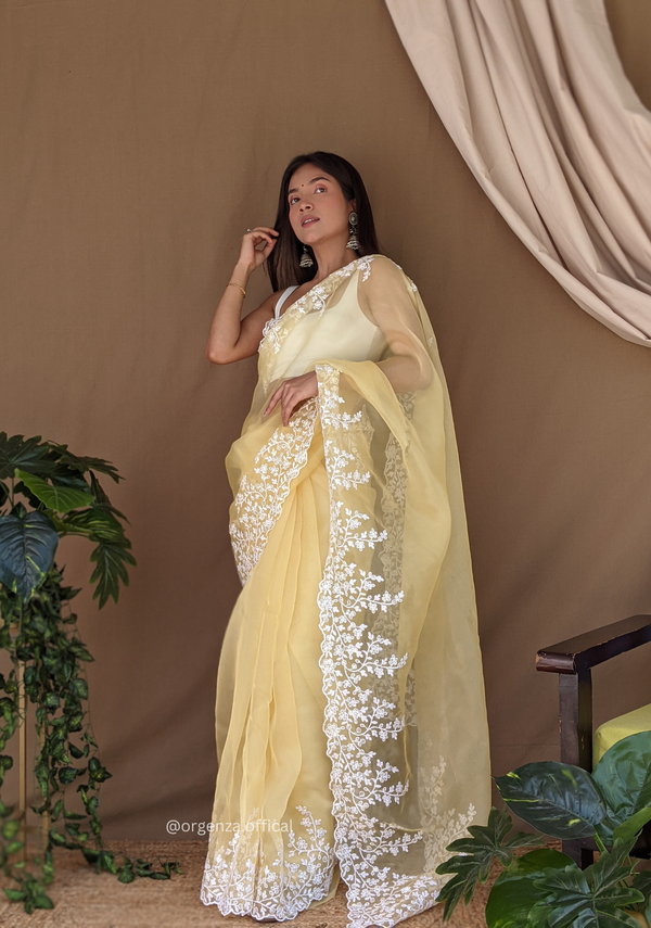 Organza Light Yellow Color Pure Organza Silk And Flower Embroidery Work