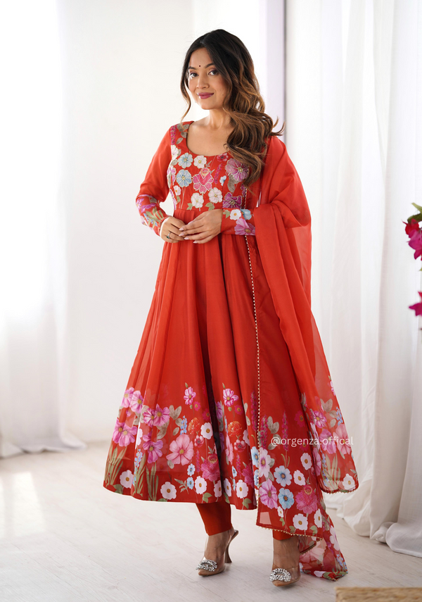 Floral Organza Anarkali With Dupatta And Pant