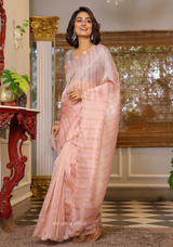 Peach Organza Saree With Weaved Work