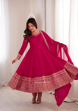 Pure Blooming Vichitra Silk Anarkali Gown Set with Dupatta & Pant - Orgenza Store - digisoch