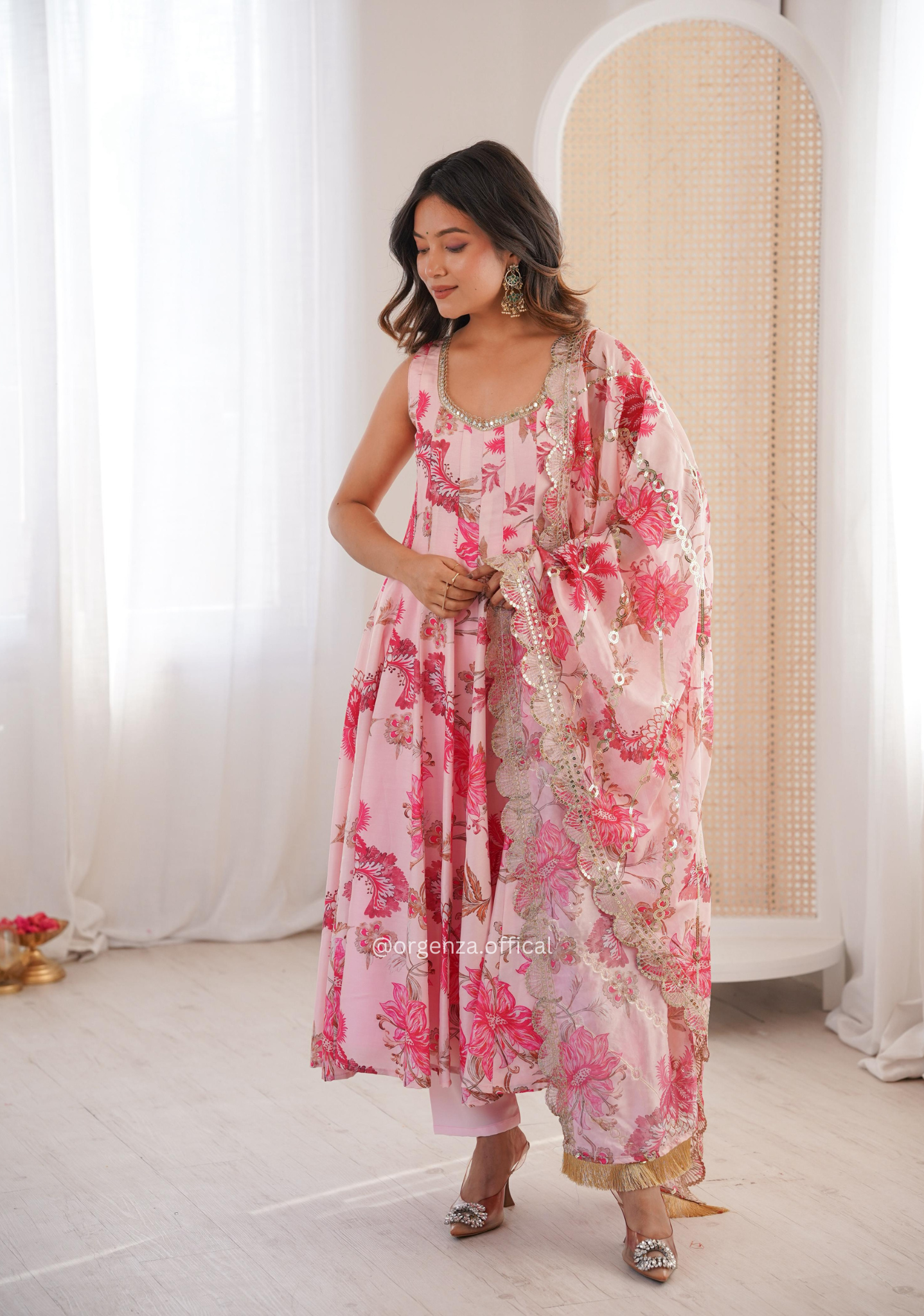 Pink Floral Print Muslin Kali Cut Anarkali Suit Set