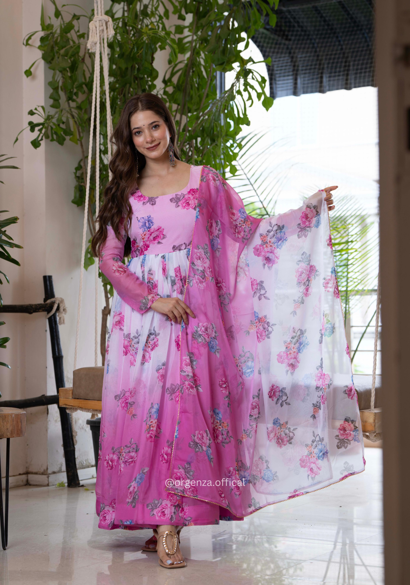Multi Colour Floral Organza With Dupatta Set